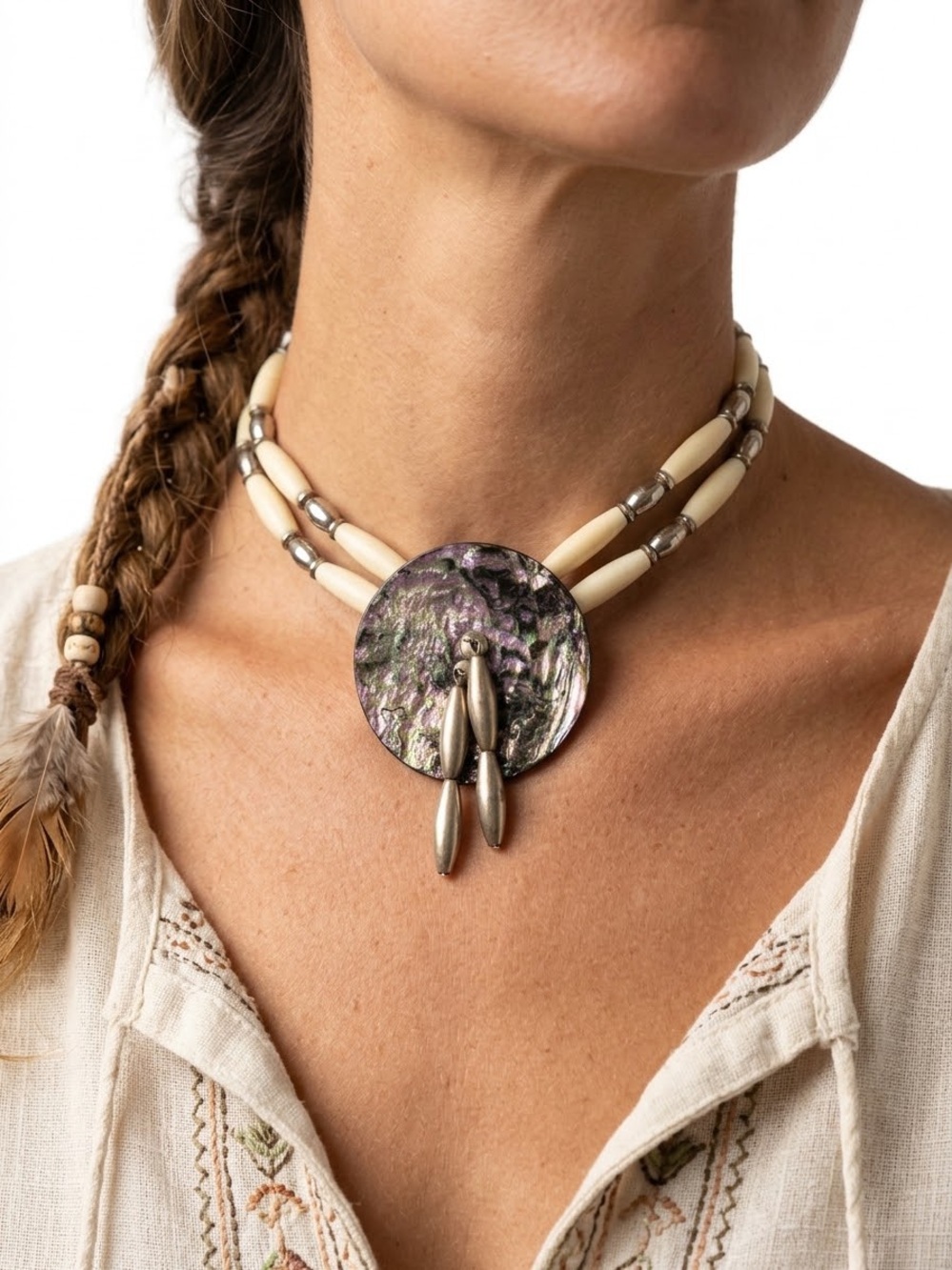 Vintage Native American Hairpipe Bone Abalone Choker Silver Boho Earthy Western